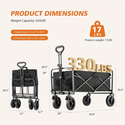 1pc Collapsible Foldable Wagon Cart, 220/330LBS Heavy Duty Utility Garden Cart With All-Terrain Wheels For Beach, Lawn, Sports, Camping, Black, 30"