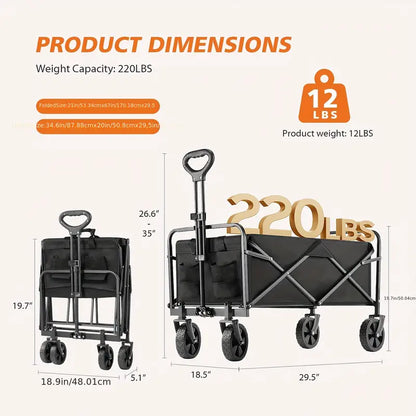 1pc Collapsible Foldable Wagon Cart, 220/330LBS Heavy Duty Utility Garden Cart With All-Terrain Wheels For Beach, Lawn, Sports, Camping, Black, 30"