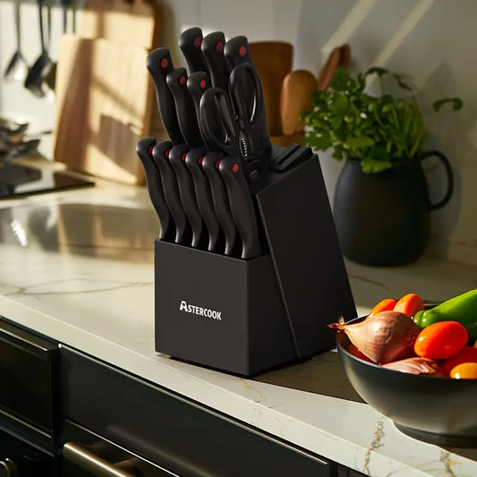 15-Piece Astercook Premium Knife Set - German Steel, Dishwasher Safe, with Elegant Black Block & Built-In Sharpener for Effortless Precision Cutting