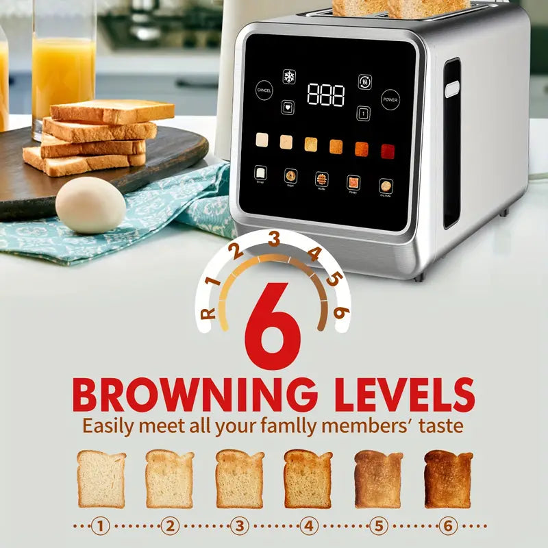 2 Slice Touch Screen Toaster, Stainless Steel Digital Timer Toaster with 6 Bread Types and 6 Shade Settings