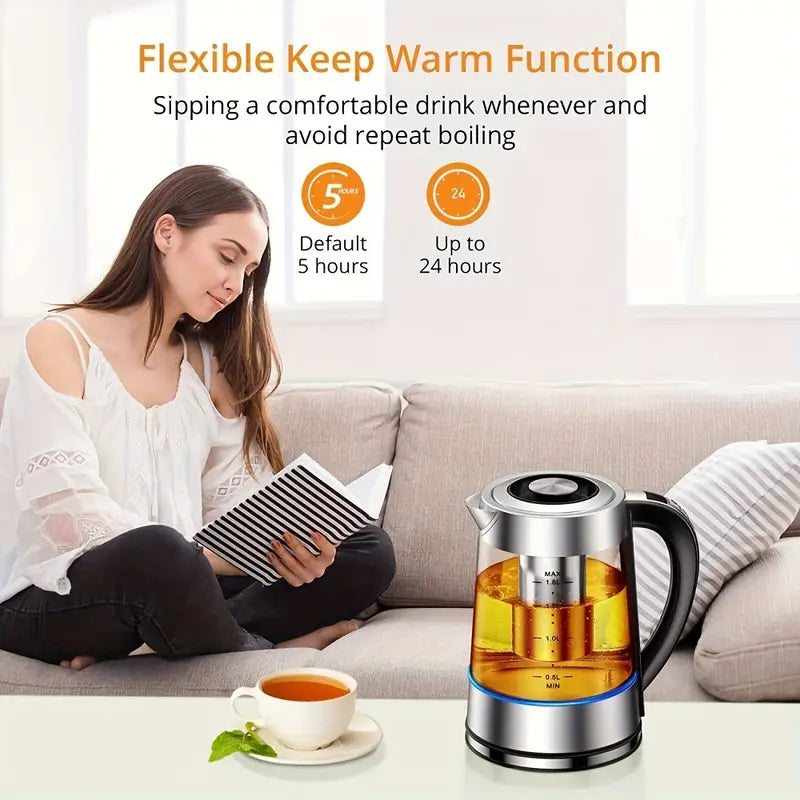 1.8L Large Capacity Electric Glass Kettle - 12 Precise Temperature Controls, 24-Hour Insulation, Stainless Steel Strainer, and Inner Lid - Perfect for Coffee, Tea, Milk Powder, and Hot Water Needs