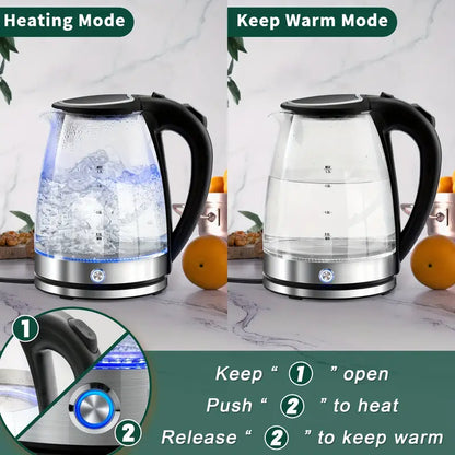 1.7L Large Capacity Glass Electric Kettle With Keep Warm - Fast Boiling, Wide Opening, LED Indicator, Auto Shut-Off, Boil-Dry Protection, and Secure Grip Handle - Ideal for Home and Office Use