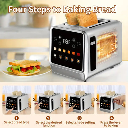 2 Slice Touch Screen Toaster, Stainless Steel Digital Timer Toaster with 6 Bread Types and 6 Shade Settings