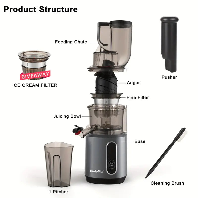 BioloMix Wide Chute Slow Masticating Juicer, BPA FREE Cold Press Juicer Blender Fit Whole Fruit and Vegetable