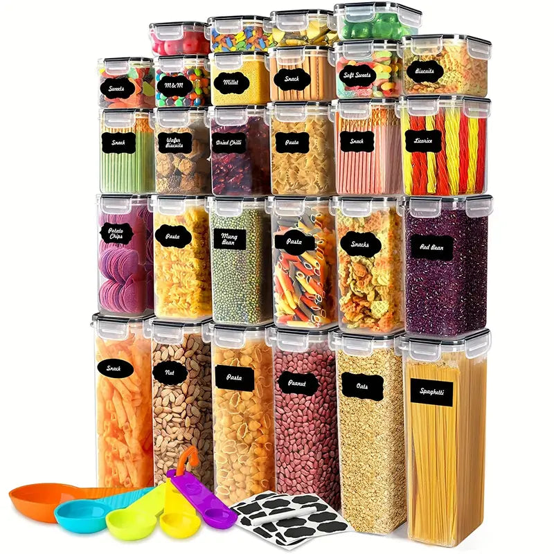 56pcs Plastic Kitchen And Pantry Storage Jars, Sealed Food Storage Containers With Lids, (28 Lids + 28 Boxes) For Cereals, Dry Food, Flour And Sugar, BPA Free, Contains 24 Labels