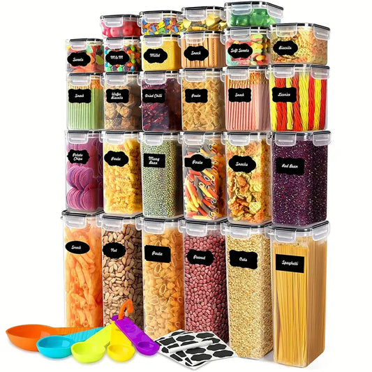 56pcs Plastic Kitchen And Pantry Storage Jars, Sealed Food Storage Containers With Lids, (28 Lids + 28 Boxes) For Cereals, Dry Food, Flour And Sugar, BPA Free, Contains 24 Labels