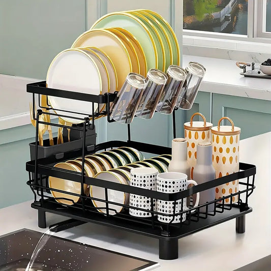 2-layer bowl and dish drying rack suitable for kitchen counter metal bowl and dish drain with knife cup tableware rack