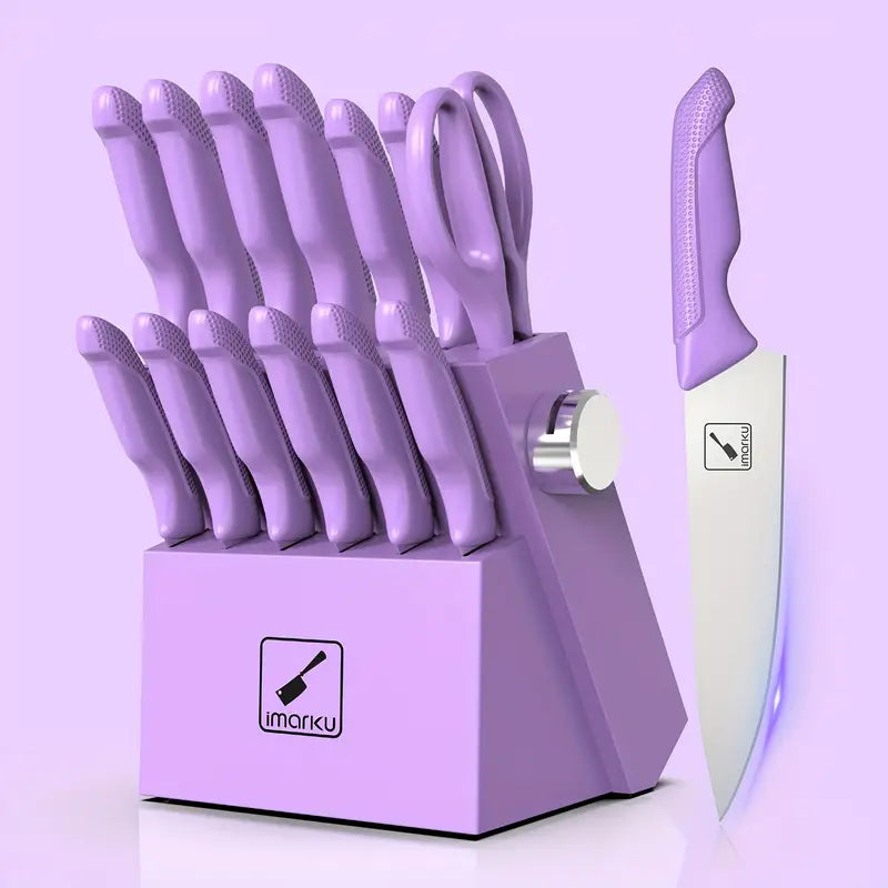 IMarku kitchen knife set, Sharp knife set with built-in sharpener, Stainless steel knife set with non-slip ergonomic block and handle, Dishwasher safe, Professional knife set of 14 for gift, purple