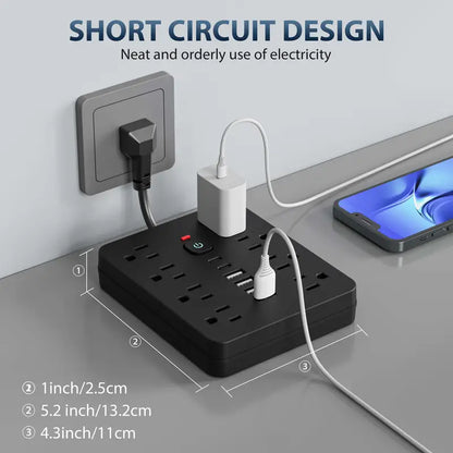 1pc Multi-functional Power Strip With Switch And Surge Protection. Equipped With 8 Power Outlets, 4 USB And 2 TYPE-C. 14-in-1 Power Outlet For Office, Home And Travel. In Black And White.