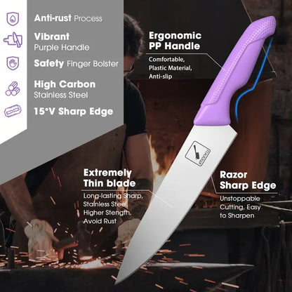 IMarku kitchen knife set, Sharp knife set with built-in sharpener, Stainless steel knife set with non-slip ergonomic block and handle, Dishwasher safe, Professional knife set of 14 for gift, purple