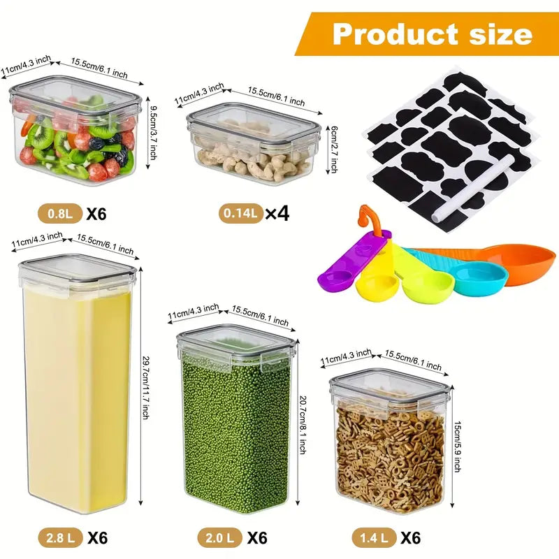 56pcs Plastic Kitchen And Pantry Storage Jars, Sealed Food Storage Containers With Lids, (28 Lids + 28 Boxes) For Cereals, Dry Food, Flour And Sugar, BPA Free, Contains 24 Labels