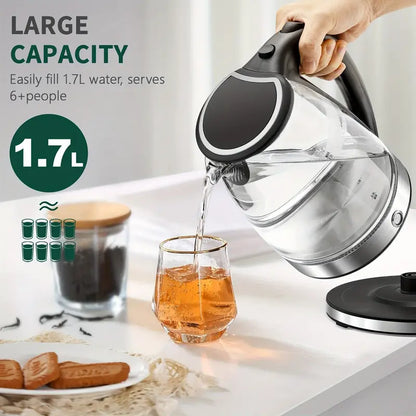 1.7L Large Capacity Glass Electric Kettle With Keep Warm - Fast Boiling, Wide Opening, LED Indicator, Auto Shut-Off, Boil-Dry Protection, and Secure Grip Handle - Ideal for Home and Office Use