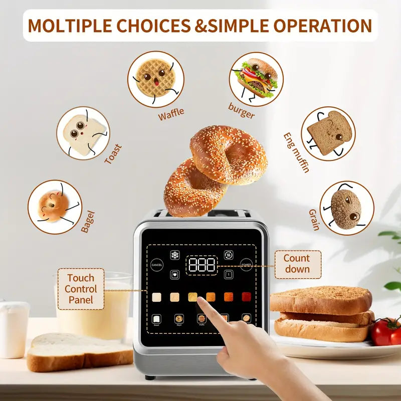 2 Slice Touch Screen Toaster, Stainless Steel Digital Timer Toaster with 6 Bread Types and 6 Shade Settings